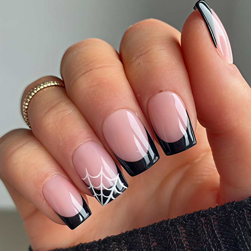 Nail Art Pink - 24 ชิ้น เล็บปลอมลายฮาโลวีน สีชมพู ลายผีน่ารัก ลายใยแมงมุม