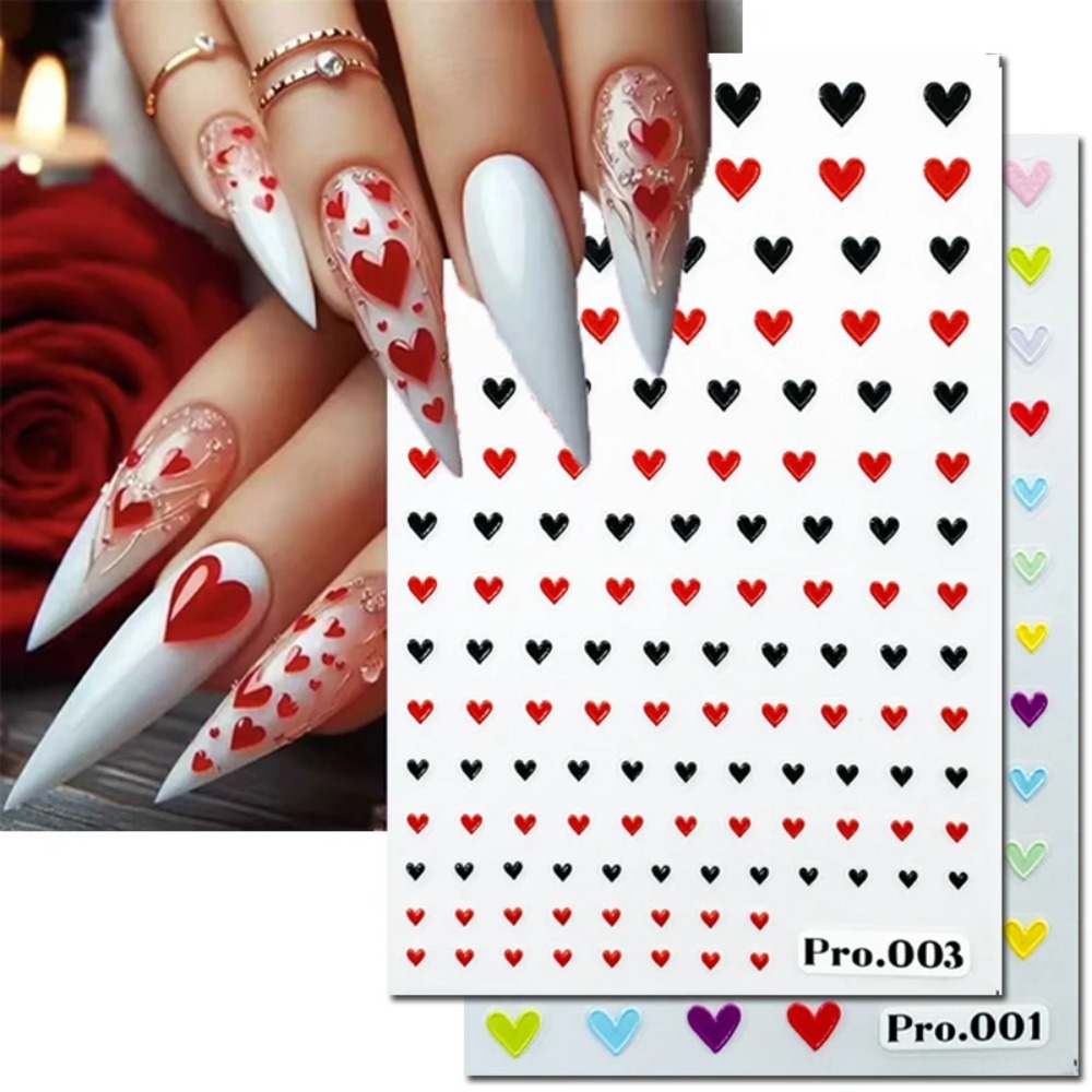 Nail Art Valentines Day - สติกเกอร์ติดเล็บลายปั๊มนูน 5D วันวาเลนไทน์ สีแดง ดำ ชมพูโรส