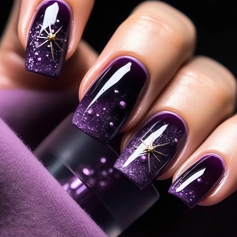 Nail Art Press On - เล็บปลอมสั้น-กลาง ไล่เฉดสีม่วง-น้ำเงิน ทรงเหลี่ยม พร้อมลายดาวประกายทอง-เงิน