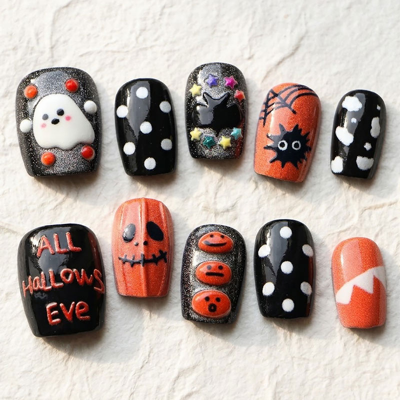 Nail Art Press On - 10 ชิ้น เล็บปลอมลายผีฮาโลวีนและฟักทอง ดีไซน์หวานและเท่ พร้อมประกายวิบวับแบบบางเบา ลายตาแมวโปร่งแสง