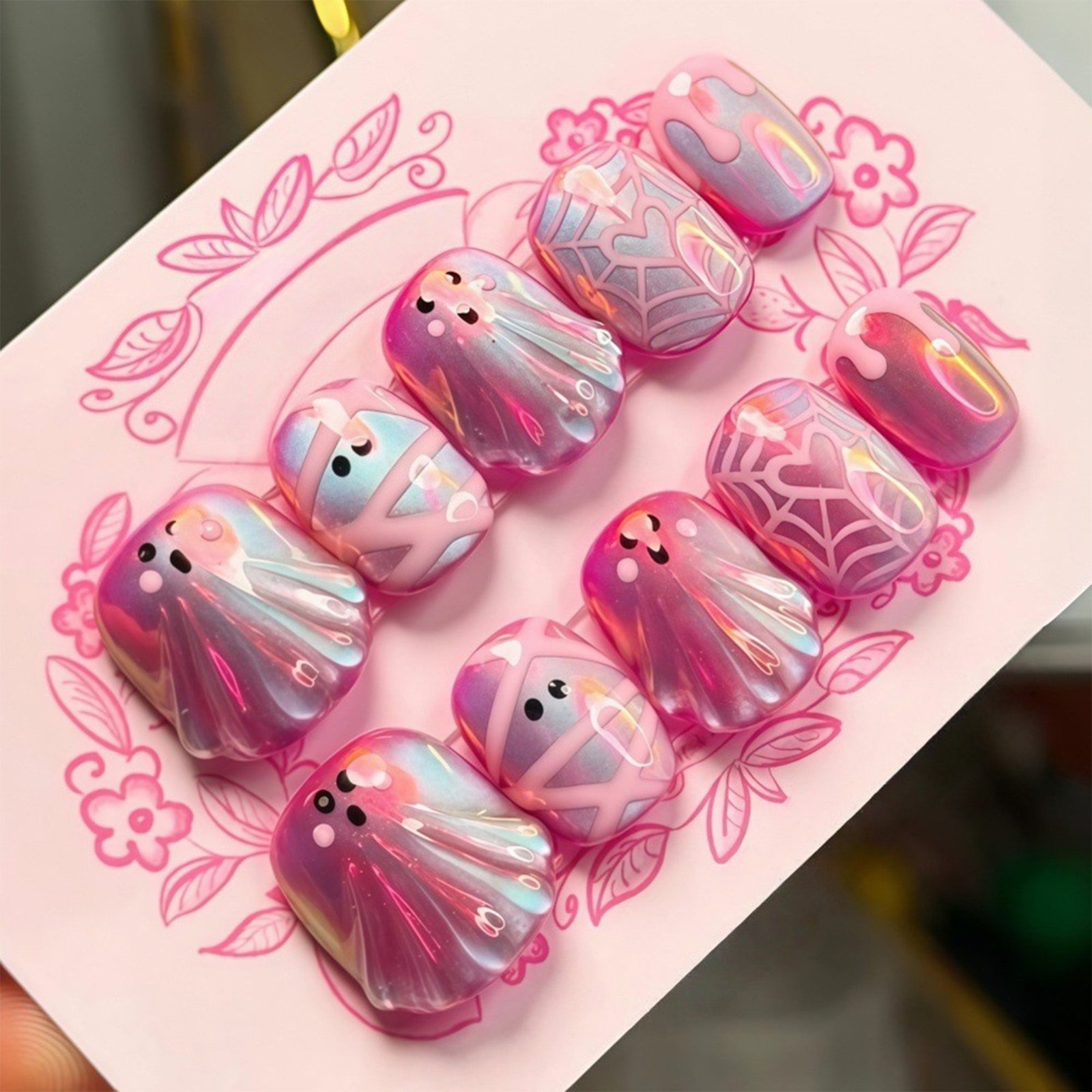 Nail Art Press On - 30 ชิ้น เล็บปลอมแบบกดติด สไตล์ฮาโลวีนน่ารัก ลาย 3D
